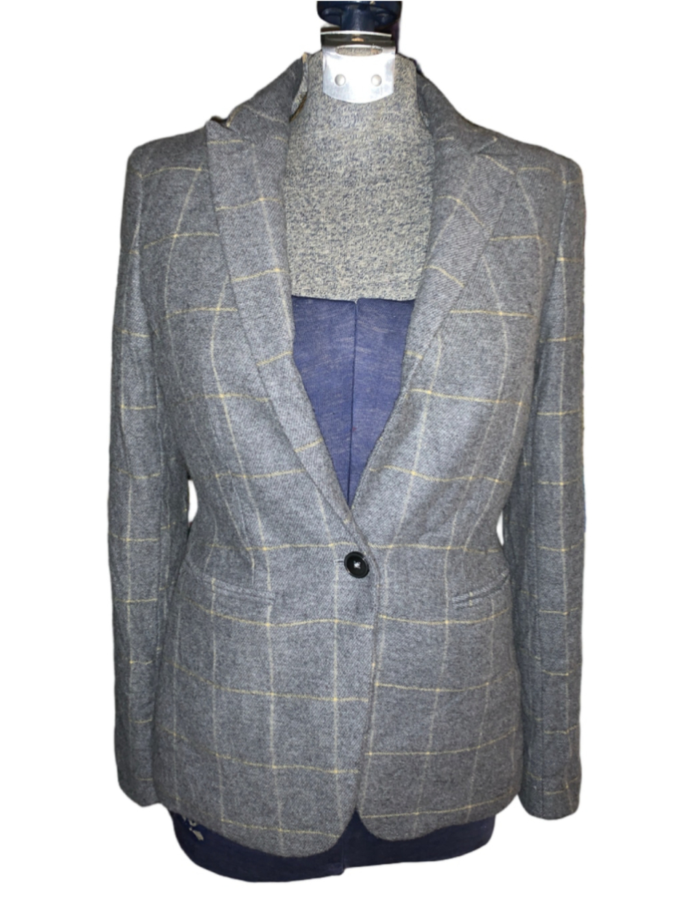 Women's Massimo Dutti Blazer Size 2 Grey Yellow Plaid Wool Blend Jacket